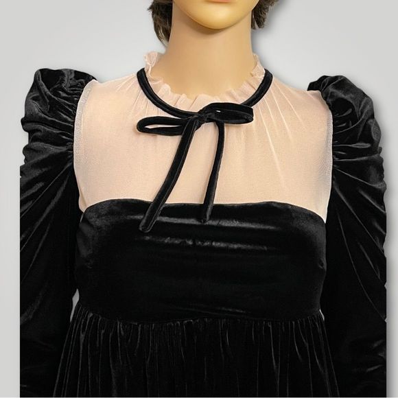 Chelsea & Violet Black Velvet Empire Waist Nude Mesh Hi Neck Ruched Sleeve - Picture 5 of 9